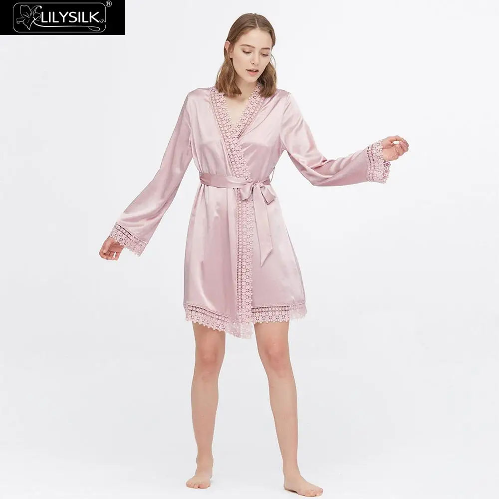 Rosy Pink LilySilk шелковый халат 22 Momme Повседневная кружевная Роскошная Новая женская - Цвет: Rosy Pink