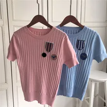 2017 New Spring Women Brand Embroidery Lapel Knit T shirt