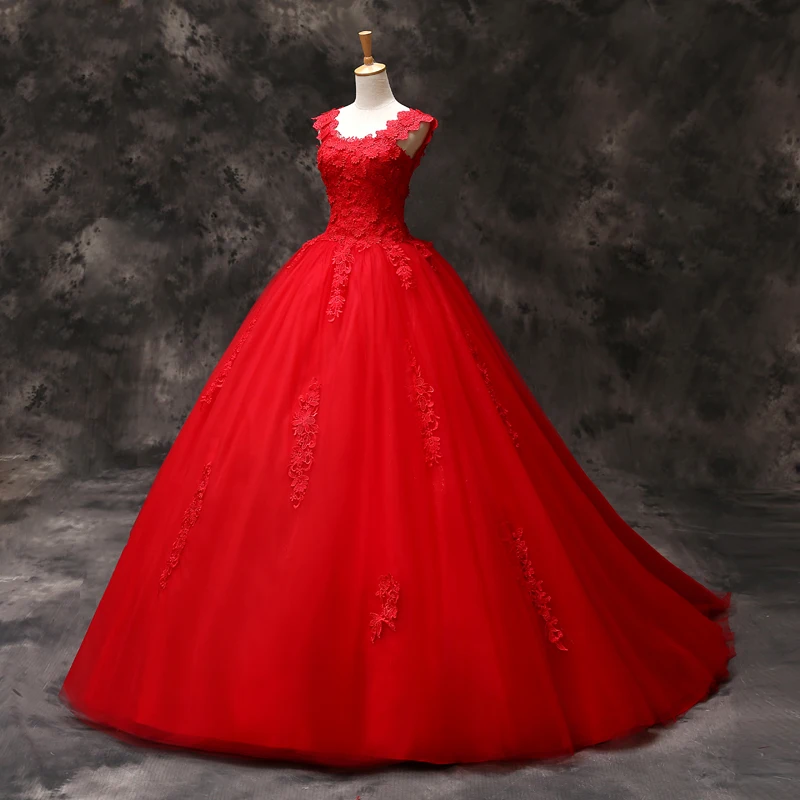 red lace quinceanera dress
