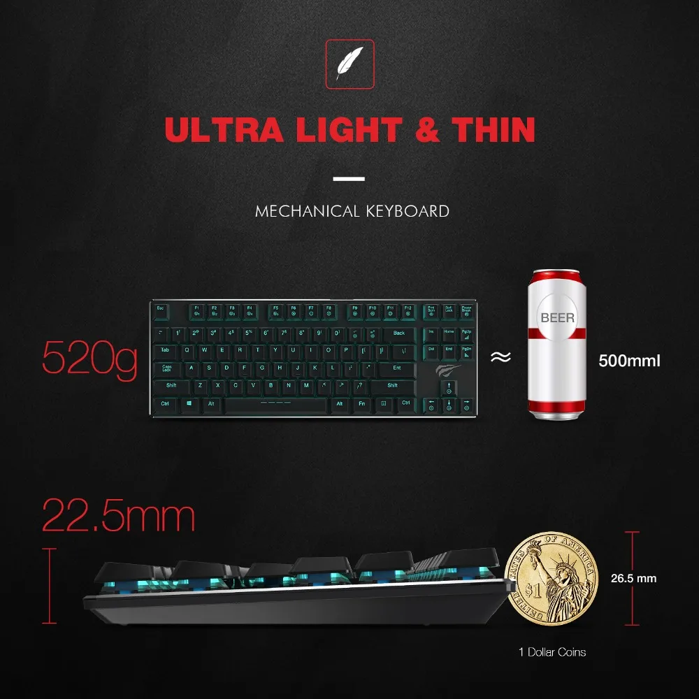  HAVIT Mechanical Keyboard 87 Keys Ultra Low Axis Metal Keyboard Wired USB Mini Gaming Keyboard Blue