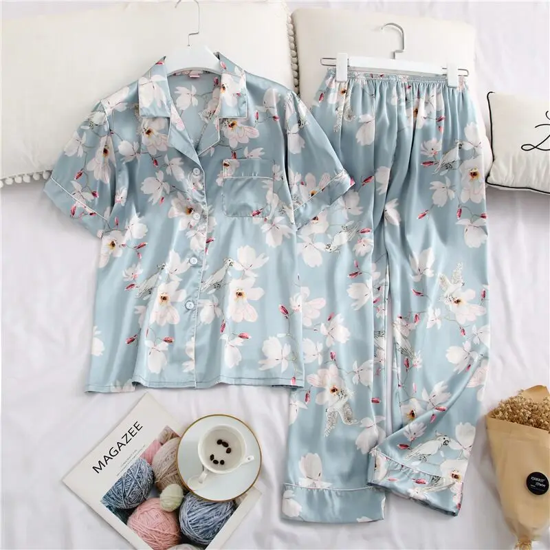

Sexy Silk Satin Women Pajamas Set Printing Pattern Rayon Sleepwear Summer Short Sleeve Pants Suit Nightwear Home Clothing