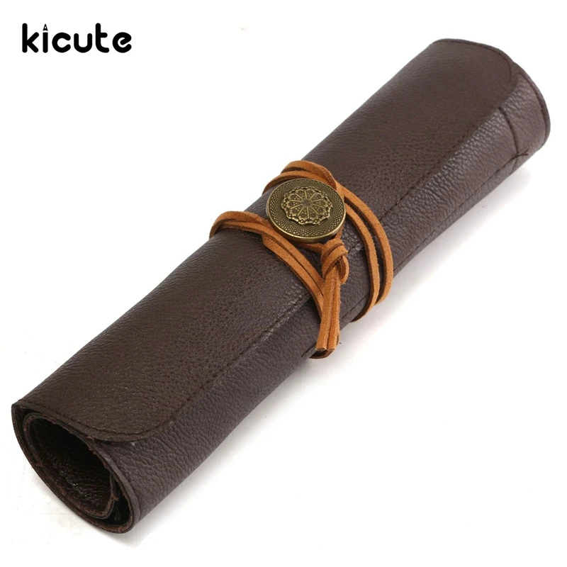 Kicute, новинка, 5 отверстий, коричневый, из искусственной кожи, свернутый, чехол для карандашей, сумка для хранения, косметичка, держатель, сумка для ручек, сумка, офисная, Школьная, канцелярская