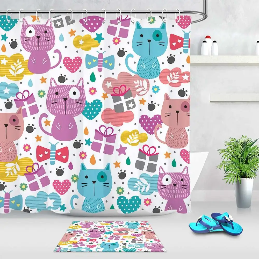 Curtain and mat set LB мультфильм милые кошки занавеска для душа s Водонепроницаемая занавеска для ванной плесени устойчивая полиэстер ткань для детей девушка Ванна Декор - Цвет: Curtain and mat set