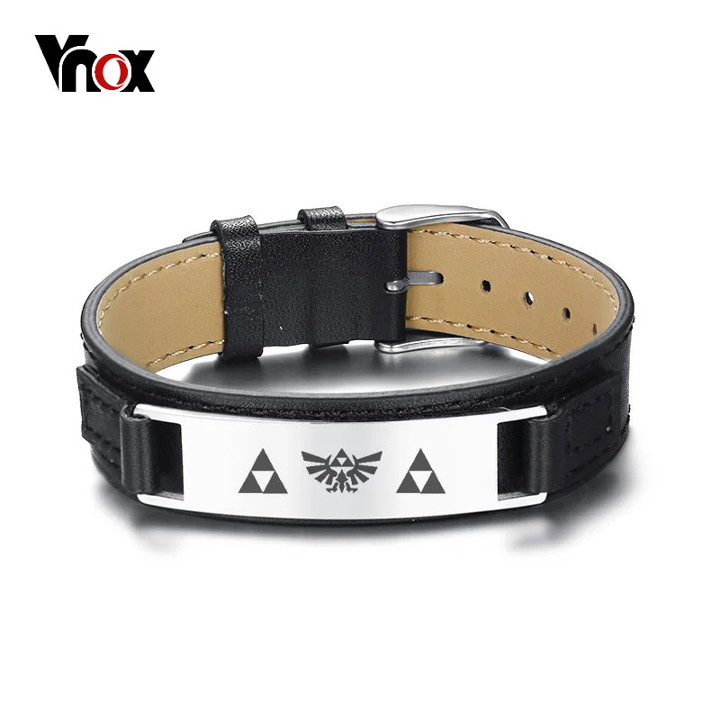 

Vnox Stylish The Legend of Zelda Mens Black Genuine Leather Bracelet Stainless Steel ID Bar Bangle Game Lover Jewelry Adjustable