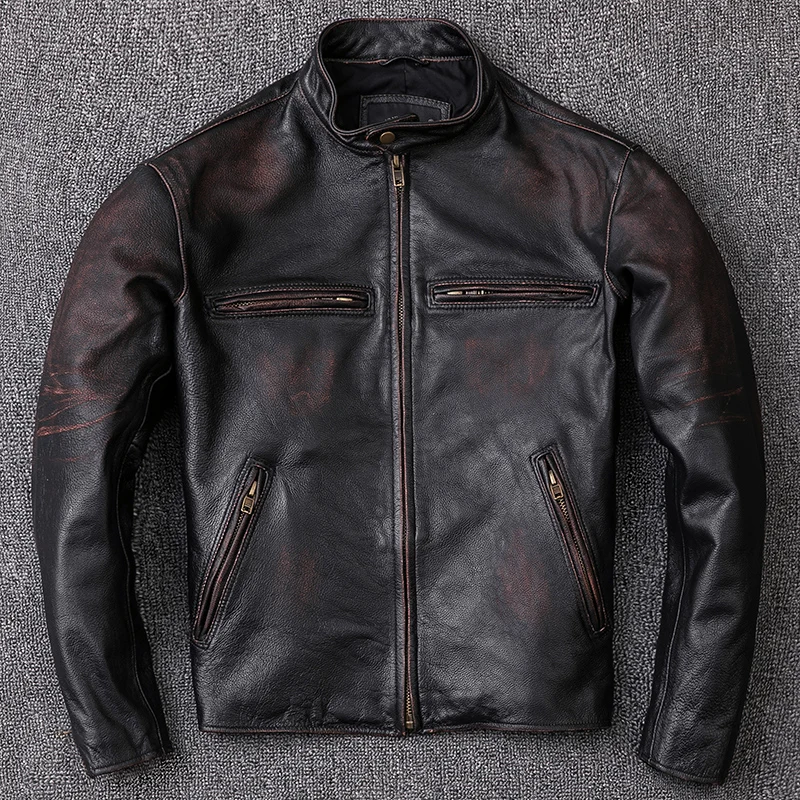 

New Arrival Vintage Dark Brown Leather Jackets,Cow Skin Casual Man Genuine Leather Coat Free Shipping
