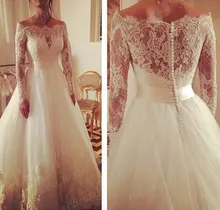 Real Model Wedding Gown A Line Boat Neck Sweep Train Tulle Off Shoulder Long Sleeve Wedding Dress With Appliques MF497
