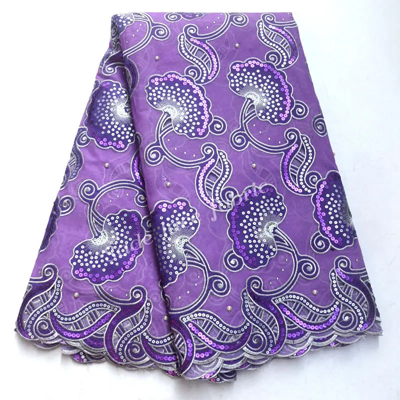 

French Lace Fabric Lilac Purple African Laces Fabric Double Organza With Sequins Beads and Stone For Party dresses IG965