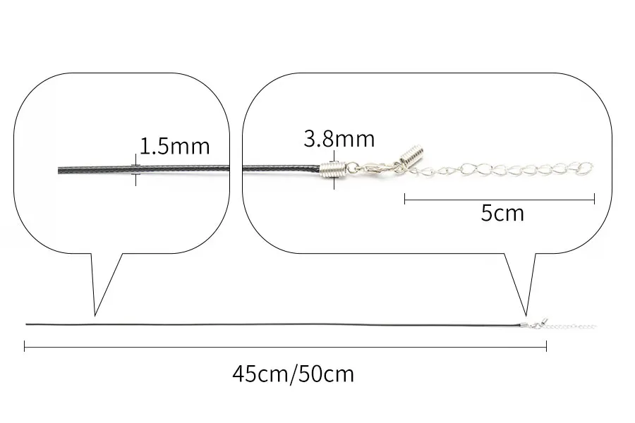 50 шт., 1,5 мм, черный цвет, высокое качество, 45 см/50 см, открытая плетеная веревка, ожерелье, пряжка омаров, веревка, цепь, пряжка омаров, веревка