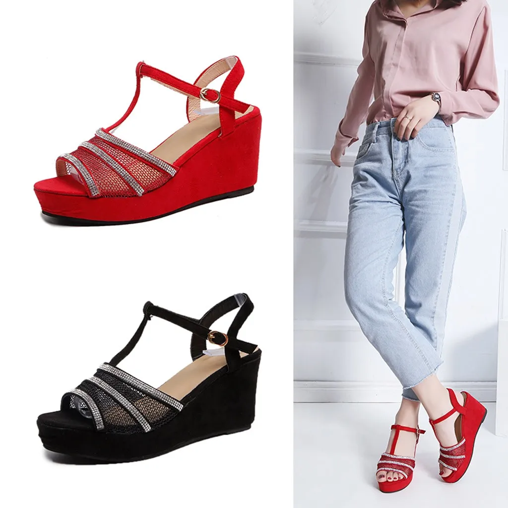 

Fashion Womens T-Strap Buckle Peep Toe Flock Air Mesh Sandals Wedge With Roman Platform Sandals Crystal rome high Heel shoes