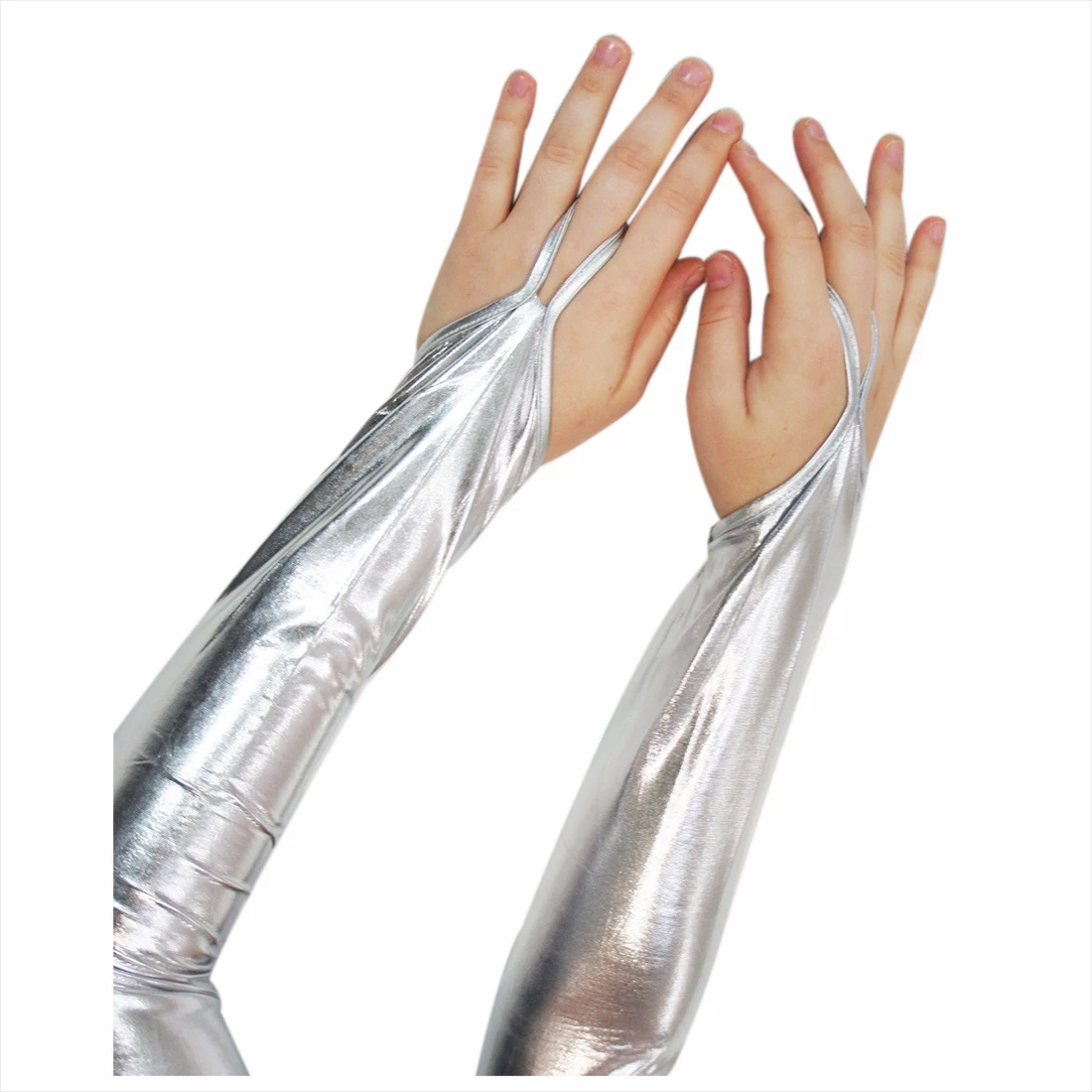 1 пара Glam Arm Warmer Goth Wet Look блестящие металлические перчатки без пальцев Клубная одежда костюм, серебро