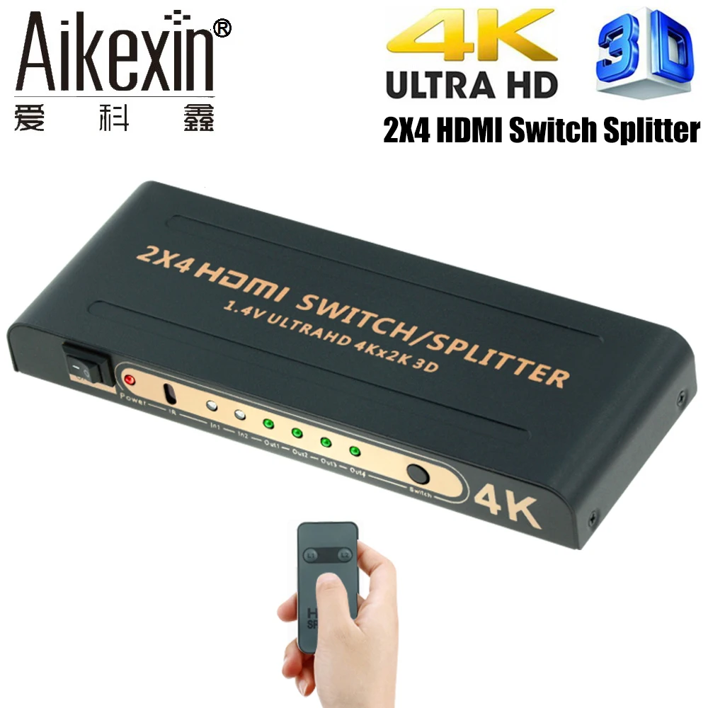

Aikexin 4K HDMI Splitter 2x4 with IR Remote 2 IN 4 OUT HDMI Switch Splitter Support Ultra HD 4K Full HD 1080P HDMI1.4 Switch