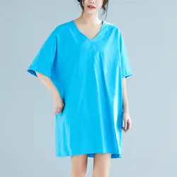 Мода 2019 новое летнее женское платье Плюс Размер Повседневное хлопковое льняное платье однотонный цвет Половина рукава v-образный вырез