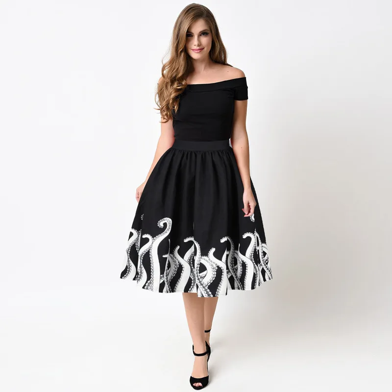

Plus Size Knee Length Pleated Skirts Women 3D Tentacles of Octopus Printed High Waist Zipper Midi Skirt Jupe Femme S-XL