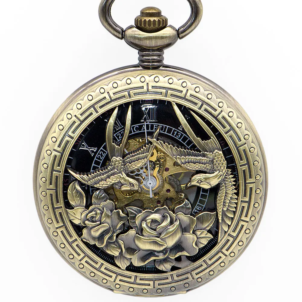 

Vintage Skeleton Mechanical Pocket Watch Chinese Animal Birds Gift Bronze Necklace Pendant reloj de bolsillo