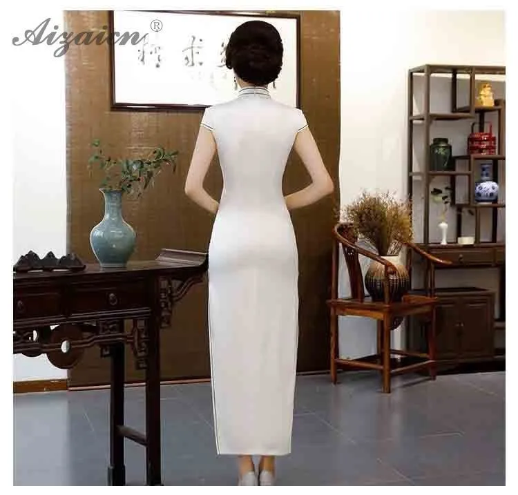 Женское китайское традиционное платье Ципао, летнее, похожее на шелк, Cheongsam, модное, облегающее, длинное, Qi Pao, элегантное, китайское, Чернильное, лотос, платья
