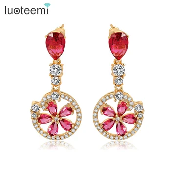 

LUOTEEMI New Women Luxury Champagne Gold-Color Lucky Elegant Red-Color Cubic Zirconia Wedding Drop Earrings