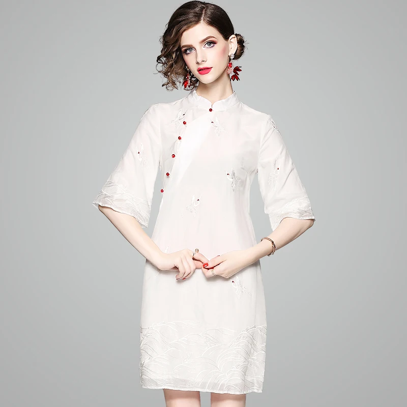 

New Fashion Summer Vintage White Dress Elegant Half Sleeve Mandarin Collar Loose Embroidery Women's silk Wadding A-line Dress