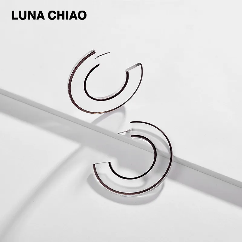 LUNA CHIAO, Модная бижутерия, очень большие прозрачные акриловые серьги-кольца с Цветной росписью, крупные серьги-кольца - Окраска металла: Black