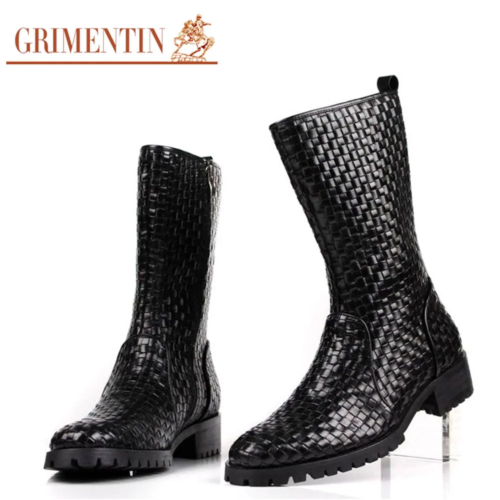 GRIMENTIN Brand fashion woven mens knee high boots genuine leather top