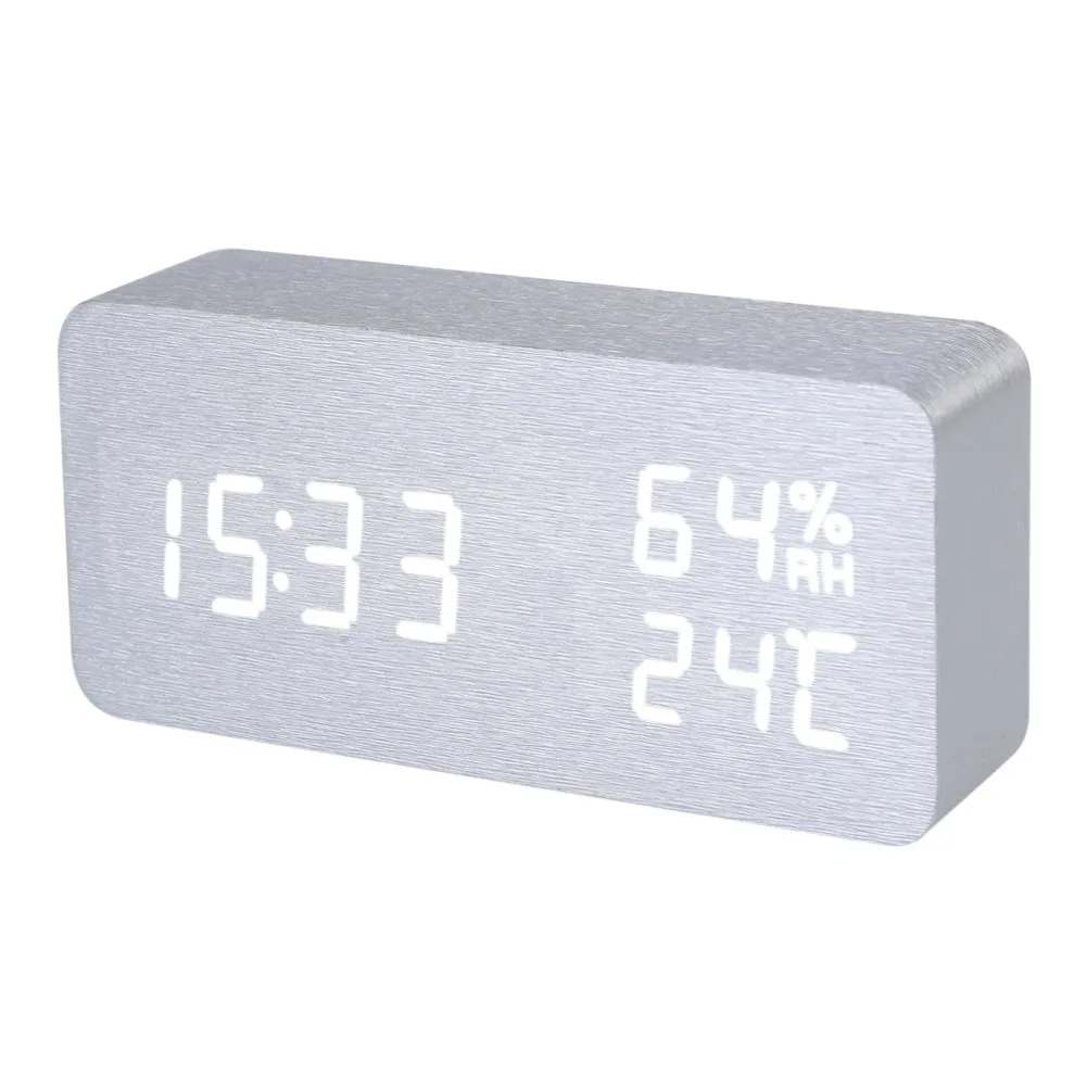 

Silver White Voice Humidity Digital Clock Wooden Electronic Desk Table Clock LED Display Alarm Clock reloj despertador