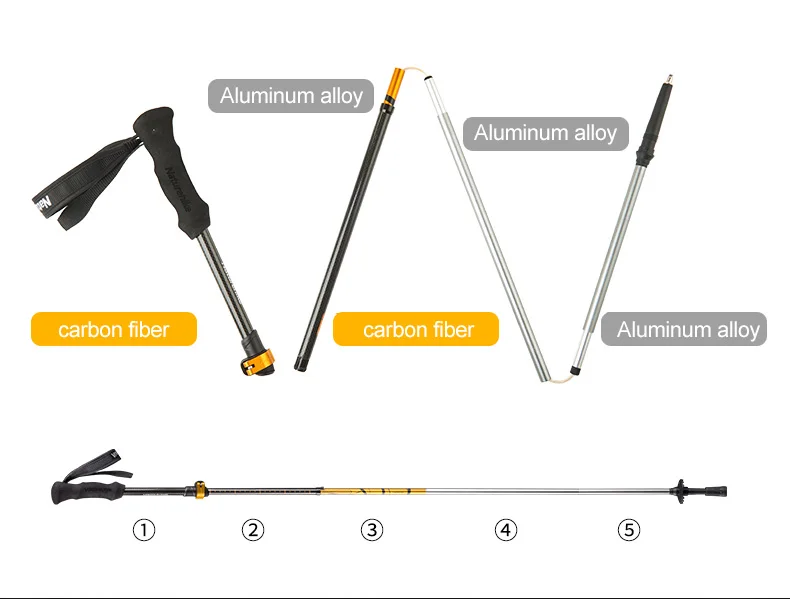 Naturehike 5-секционной углеродного волокна трость Сверхлегкий регулируемый со внутренним, вращающимся затвором 135 см 234 г