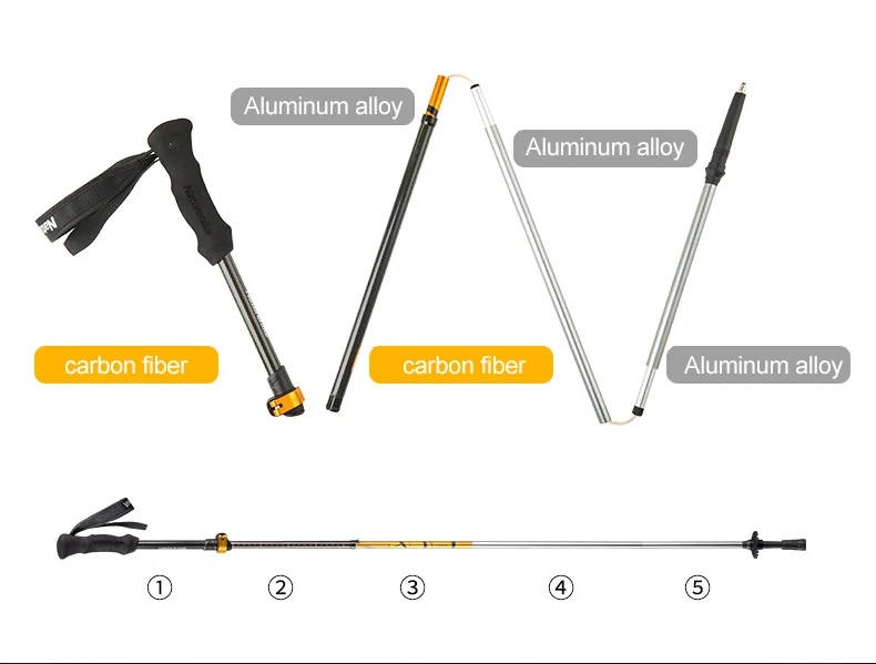 Seção de Fibra de Carbono Naturehike Bengala Ultraleve Ajustável Trekking Pole 135cm 234g 5 8 Naturehike 5 seção de fibra de carbono