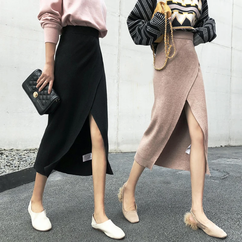 

2019 Korean Version of The New Wild Self-cultivation High Waist Skirt Spring Women's Knit Bag Hip Slit Skirt