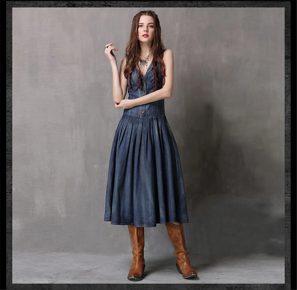 Vintage Summer Deep V-Neck Dress 2018 Boho New Denim Women Dresses Sleeveless A-line Swing Hem Sundresses Vestidos Femininas (9)