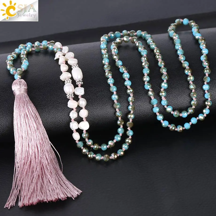 

CSJA Pink Silk Tassel Necklace Mother Pearl Blue Glass Beads Knotted 4mm Rondelle Faceted Crystals for Women Punk Jewelry S053