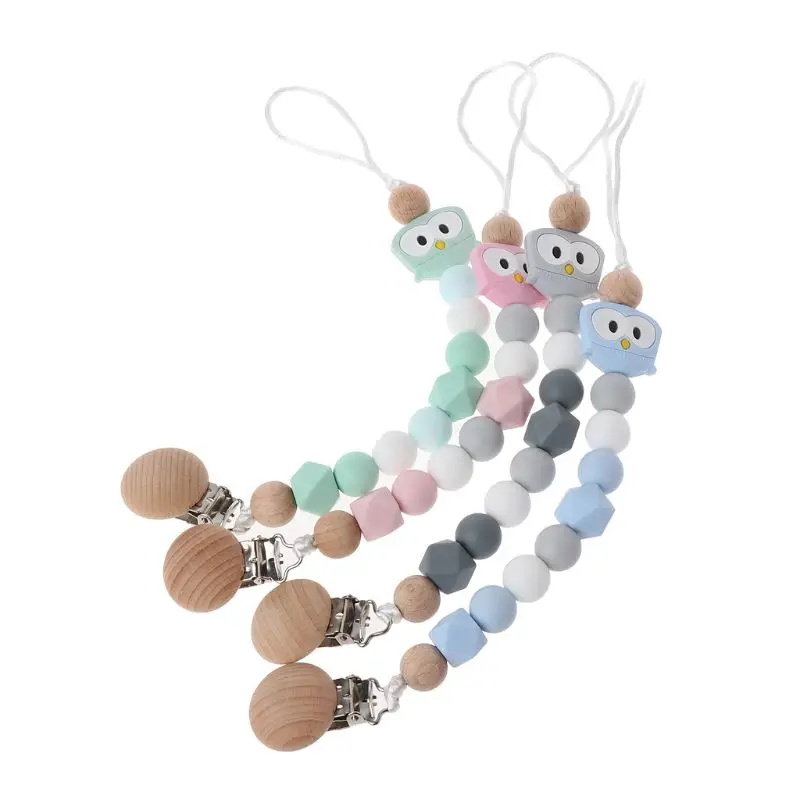 

Owl Silicone Teething Pacifier Clips With Safe Wooden Beads Pacifier Chain Holder For Nipples Baby Chew Toys