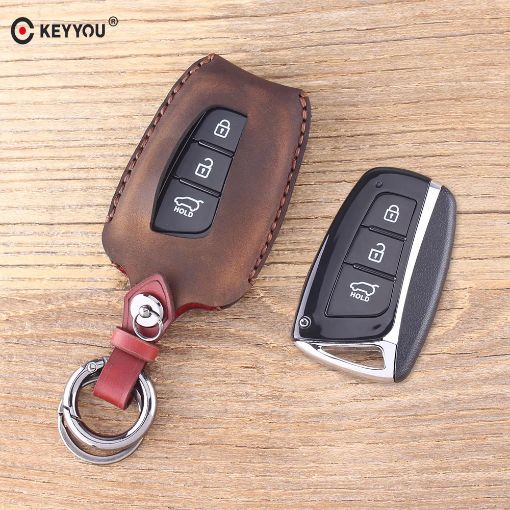 

KEYYOU Genuine Leather 4Button Keyless Entry Smart Key Case Cover For Hyundai SantaFe/Equus/Azera/Genesis L110