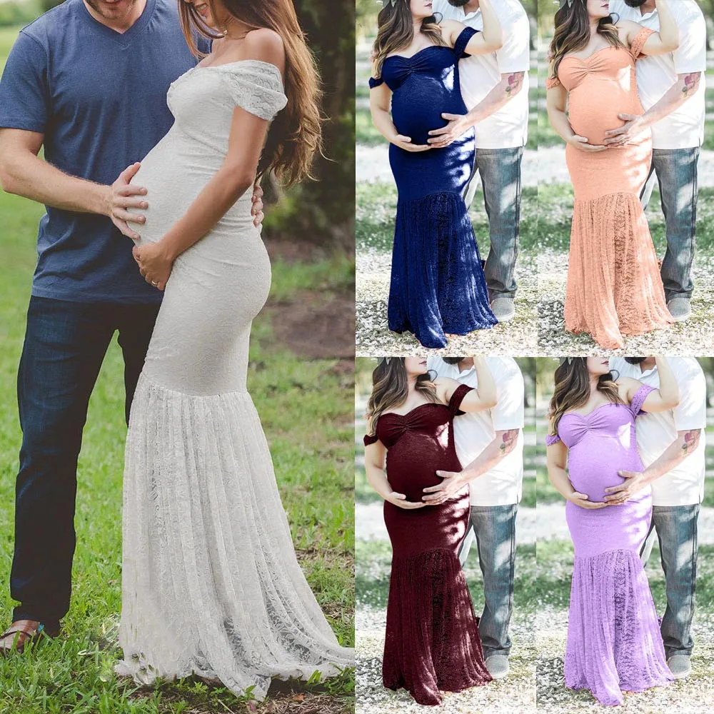 

2019 Fashion Womens Pregnants Sexy Photography Props Off Shoulders Lace Nursing Long Dress Confortevole gonna maternità#42