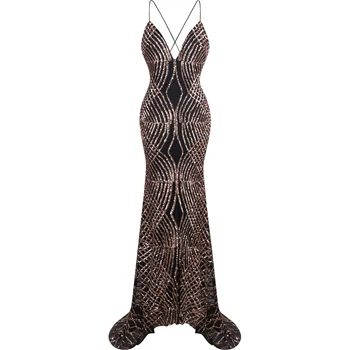 Angel-fashions vestido de noiva Spaghetti strap Sequin Court Mermaid Long Evening Dress Black 224