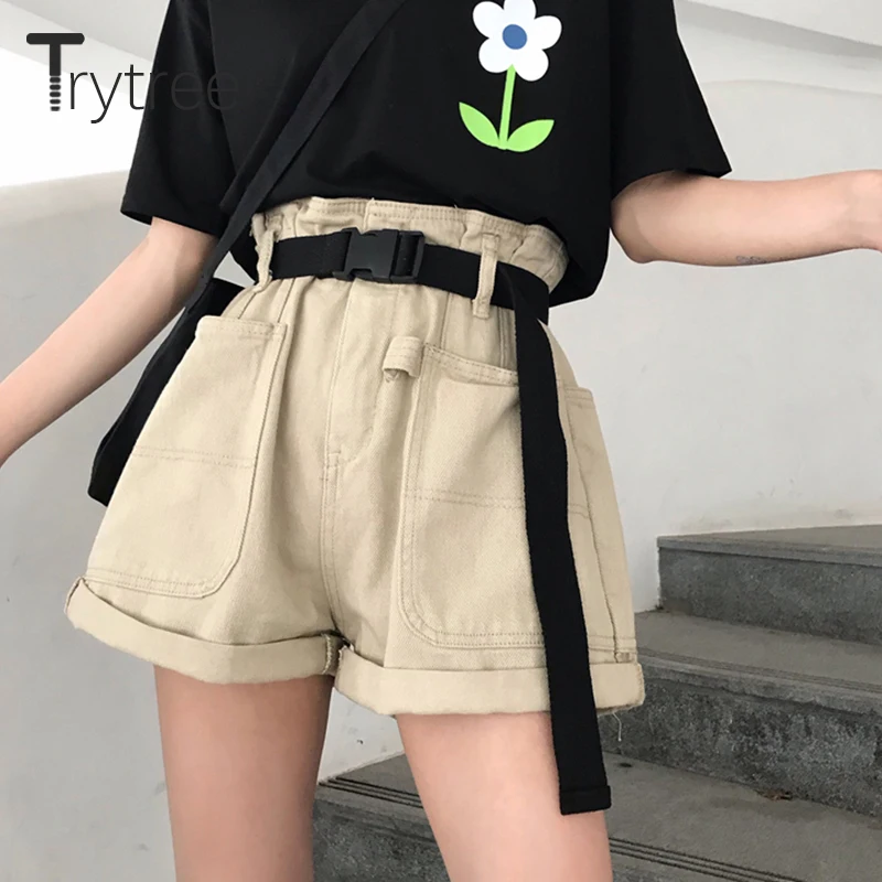 

Trytree Summer Jeans Casual cotton Polyester Shorts Denim Belt Zipper Fly Pockets Workout High waist Solid 2 Colors Shorts Jeans