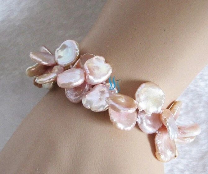 

huij 001672 Peach Pink Keshi 2Row Freshwater Pearl Bracelet Pearl Jewelry