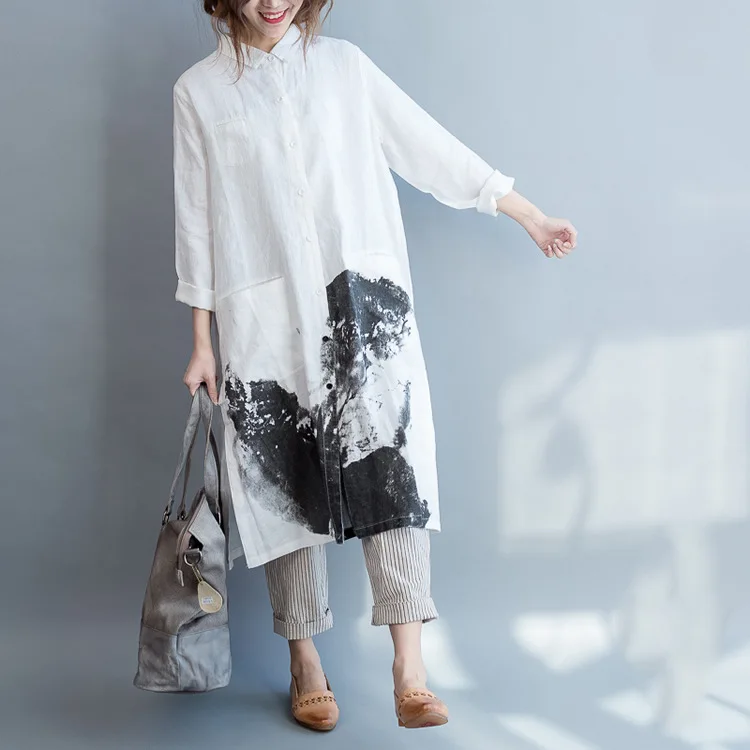 LZJN Vintage Painting Style Summer Long Dress Long Sleeve Shirt Woman Lady Loose Big Size Casual Fashion Button Down Shirt Dress (27)