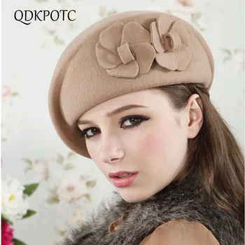 

QDKPOTC Autumn Winter Vintage Wool Felt Hat Flower Beret Stewardess Cap Women Fedoras England Painter Cap