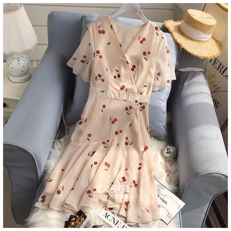 Летнее милое женское шифоновое платье с вишневым принтом во французском стиле, женское платье с коротким рукавом и вишневым принтом, женское мини короткое платье с цветочным рисунком