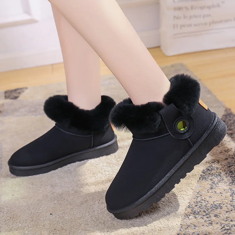 Зимние сапоги женские теплые плюшевые однотонные женские ботинки из флока на плоской подошве с круглым носком женские зимние ботинки без застежки на платформе
