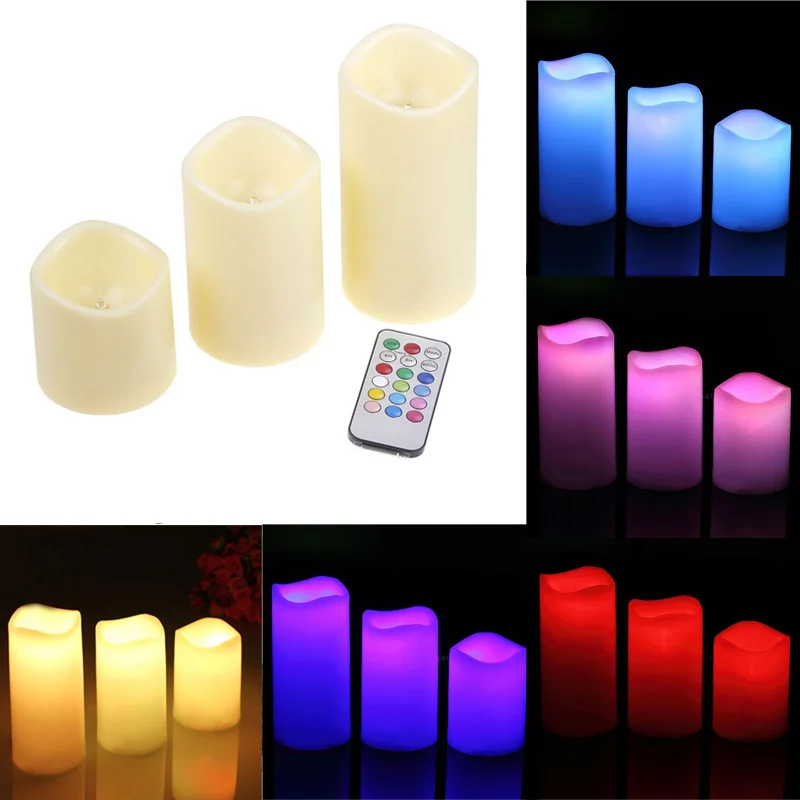 3pcs LED Electric Candle Colorful Pillar Candles Remote Control Flameless Light