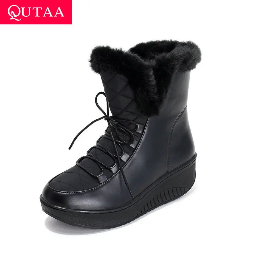 

QUTAA 2020 Winter Height Increasing Ankle Boots Round Toe Fashion Lace Up Platform Warm Fur Casual Women Snow Boots Size 35-43