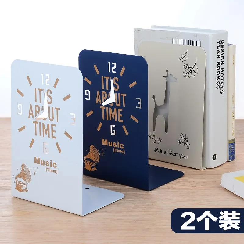 New 2 Pcs/Set Cute Giraffe and Clock Series Bookshelf Large Metal Bookend Book Stand Reading Holder Shelf | Канцтовары для офиса и