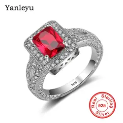 Yanleyu Роскошные 100% 925 пробы Серебряные кольца для Для женщин свадебные Обручение аксессуары Красный кубический цирконий, ювелирные подарок