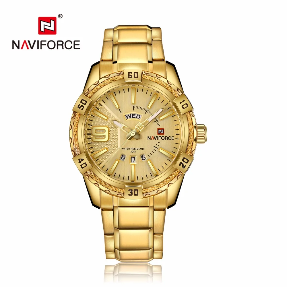 NAVIFORCE Элитный бренд спортивные часы для мужчин золото полный сталь повседневные