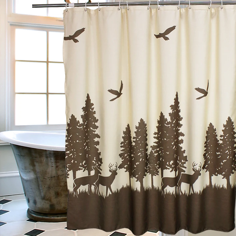 

Natural Waterproof Deer In The Forest Shower Curtain - Beige Coffee Mildewproof Polyester Fabric Kids Bathroom Curtain Designs
