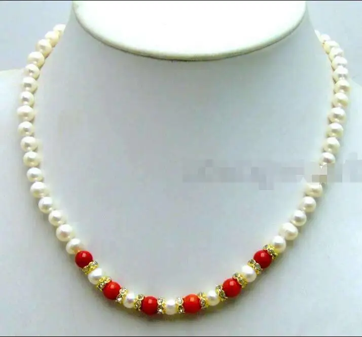 

FREE SHIPPING HOT sell new Style >>>>>SALE 6-7mm White natural freshwater Pearl & 6mm Red Coral 17" Necklace