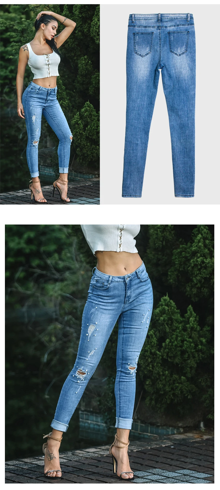 European and American women's wear high-waisted stretch pearl inlays irregularly worn holes wash cat whisker denim trousers (6)