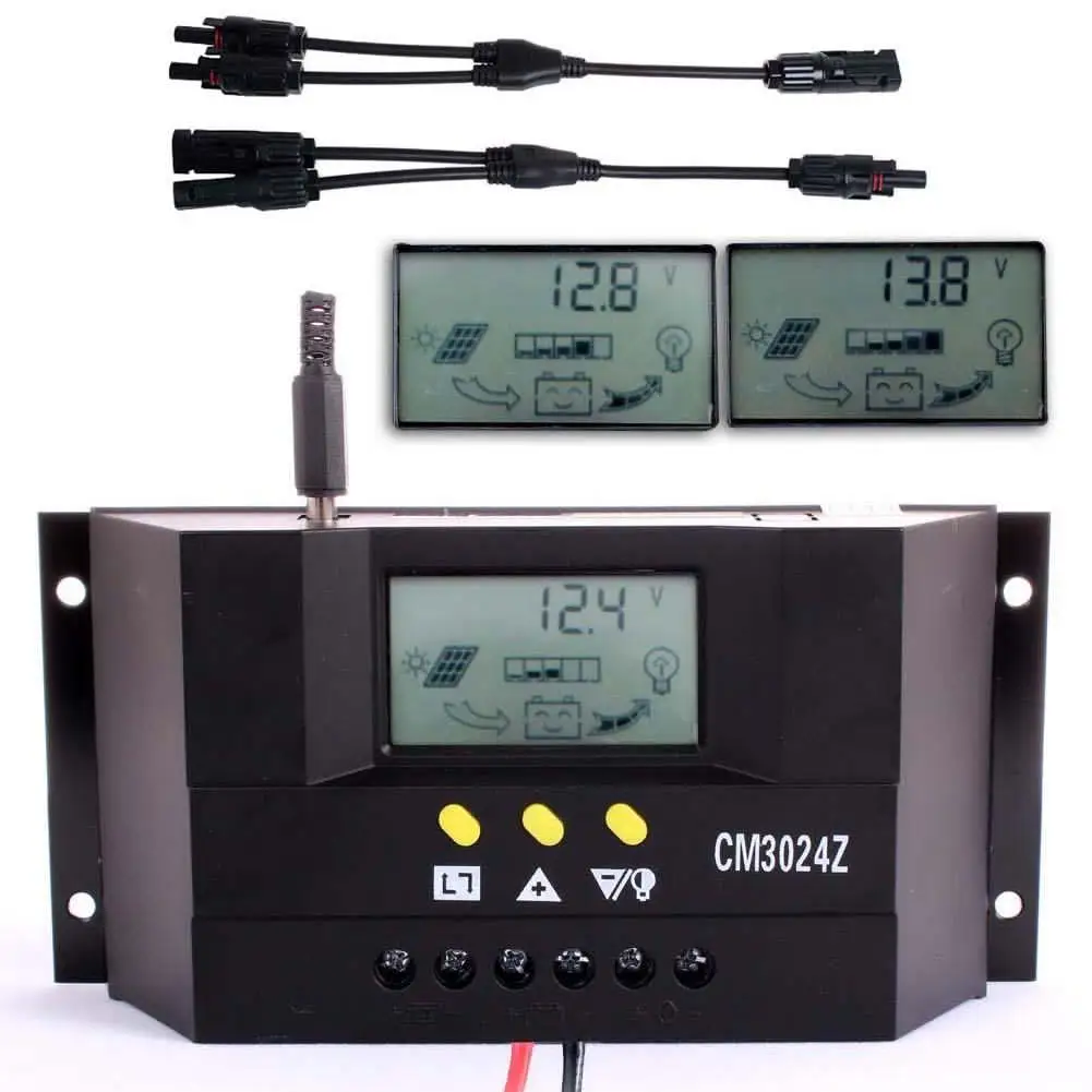 

2019 LED 30A PWM Solar Panel Battery Regulator Charger Controller CM3024Z + 1 Pair Y Type MC4 Solar Panel Male Female Cable