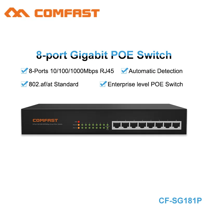 

High Speed Comfast 8 Port Gigabity 10/100/1000Mbps RJ45 Poe Switch 802.af/at Enterprice realy 48V Poe switch SG181P