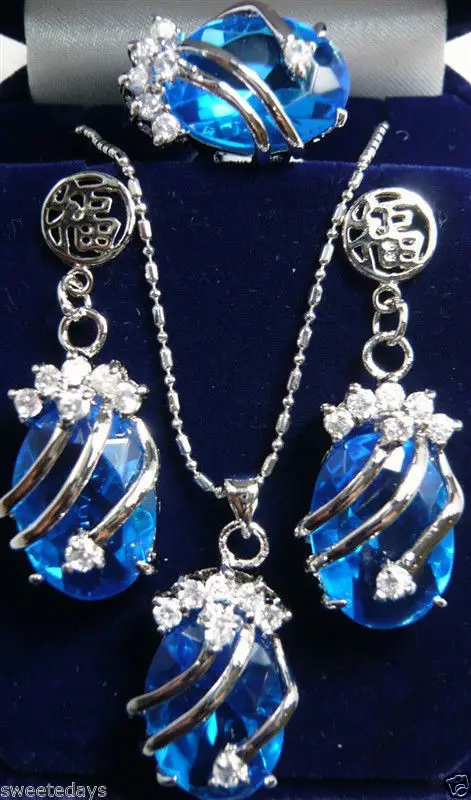 

Beautiful Blue Crystal Earrings Pendant Necklace Ring Set ^^^@^18K GP style Fine jewe Noble Natural jade FREE SHIPPING